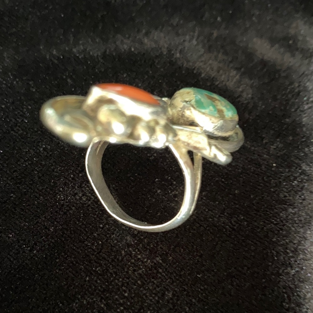 VTG Phil Chapo Navajo Silver Ring with Turquoise and Coral - Picture 5 of 6